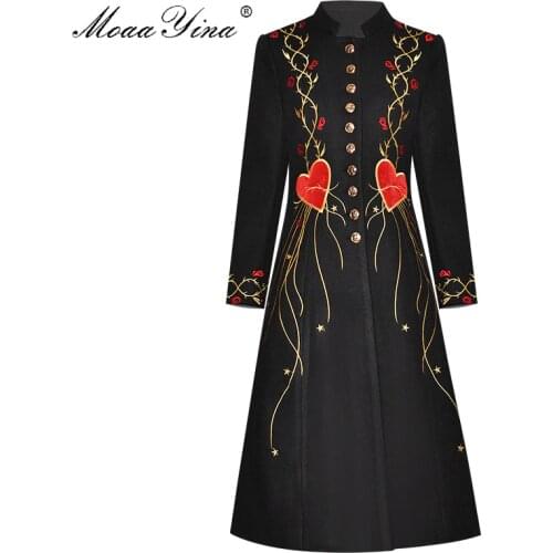 MoaaYina Fashion Designer Woolen coat Winter Women Long sleeve Stand collar Single-breasted Embroidery black Vintage Overcoat