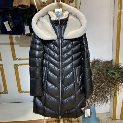 WINTER PALACE Hooded Genuine Leather down coat women Casaco Feminino Women Winter long coat Fashion Leather down Coat Women 48