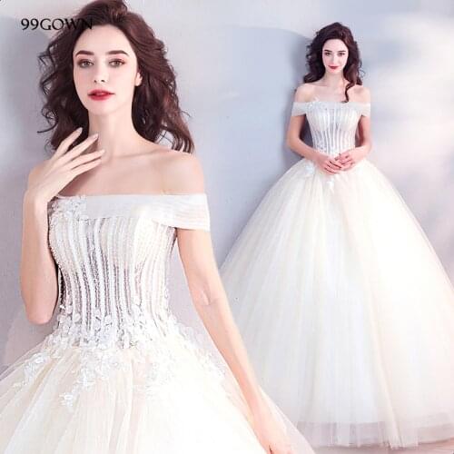 99GOWN Satin Ball Gown Wedding Dress Simple 2019 Organza Sleeveless Off Shoulder Luxury Beading Bridal Wedding Dresses