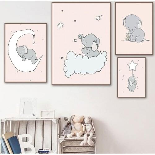 Abstract Elephant Baby Poster Moon Star Cloud Wall Art Canvas Painting Pink Art Prints Nordic Pictures Living Room Home Decor