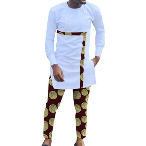 White Patchwork Tops Design Mens Sets Shirt With Pant African Fashion Male Groom Suits Custom Wedding Party Ankara Outfits
