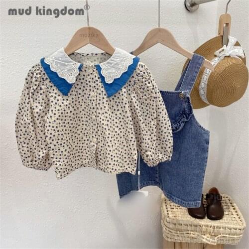 Mudkingdom Girl Floral Blouses Lace Double Turn-down Collar Long Sleeve Shirt Kids Puff Sleeve Loose Tops Spring Autumn Clothes