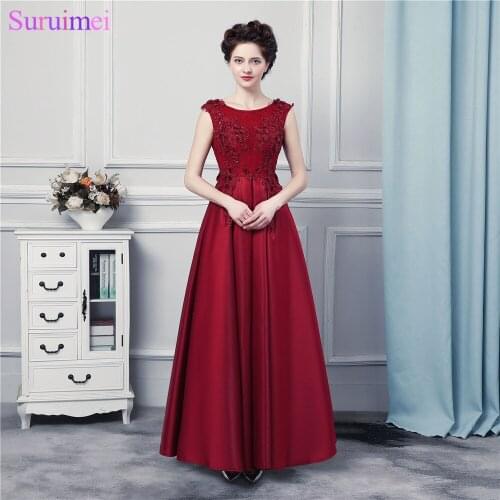 Burgundy Evening Dresses Long Satin Floor Length Lace Applique Corset Evening Gown Formal Women Dress Free Shipping
