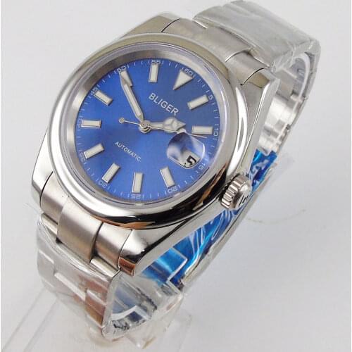 36mm Bliger Brand Blue Dial Sapphire Glass Polished Case Automatic Movement Mens Watch Bracelet Luminous hands