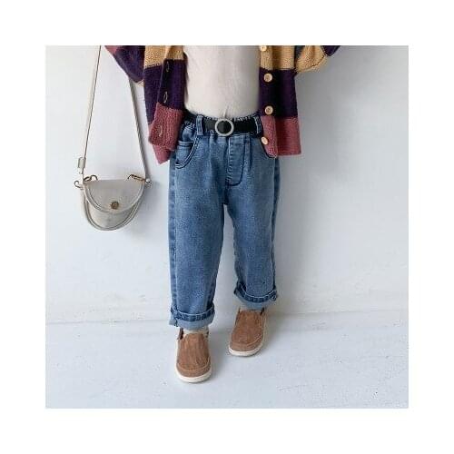 Girls Jeans Autumn 2021 New Baby Trousers Loose Wide-leg Pants Childrens Denim Straight Pants with Belt Kids Girls Solid Jeans