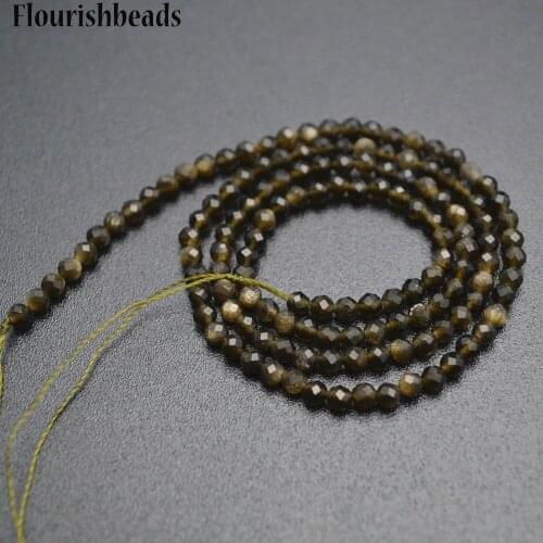 Faceted Natural Gold Obsidian Diamond Cutting 3mm Stone Round Loose Beads