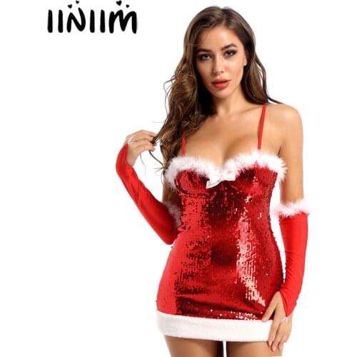 Iiniim Red Ladies Christmas Fancy Santa Dress for Womens Masquerade Parties Costume Clubwear Flannel with Red Scale Sequins