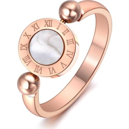 Trendy Classic Rotatable White/Black Shell Roman Numeral Wedding Rings For Women Titanium Stainless Steel Ring R19061