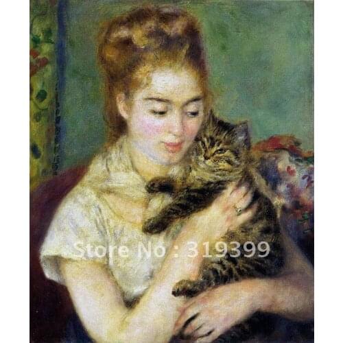 Oil Painting Reproduction on linen canvas,woman with a cat by pierre auguste renoir,Free DHL Shipping,handmade,High quality