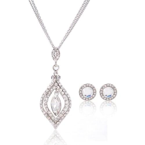 Elegant Wedding Crystal African Jewelry Sets for Women Gold Silver Color Double Layer Pendant Necklace Earrings Party Jewellery