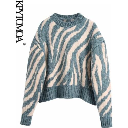 KPYTOMOA Women 2021 Fashion Jacquard Animal Print Loose Crop Knit Sweater Vintage O Neck Long Sleeve Female Pullovers Chic Tops