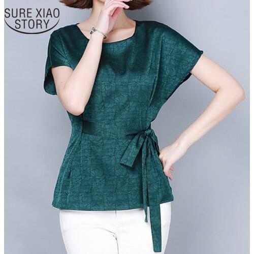 Summer New All-match Bow Tie Top Fashion Style Plain Satin Jacquard Chiffon Shirt Summer Tops and Blouse Chemisier Femme 9979