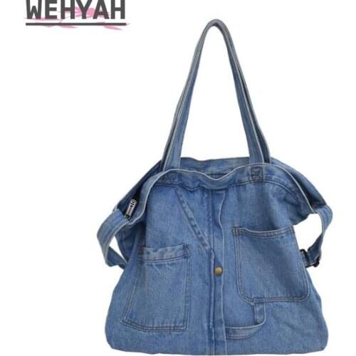 Wahyah Denim Messenger Bags for Woman Japan Style Unisex Casual Shoulder Bag School Bag Clutch Purse Large Jeans Bag Solid ZY159