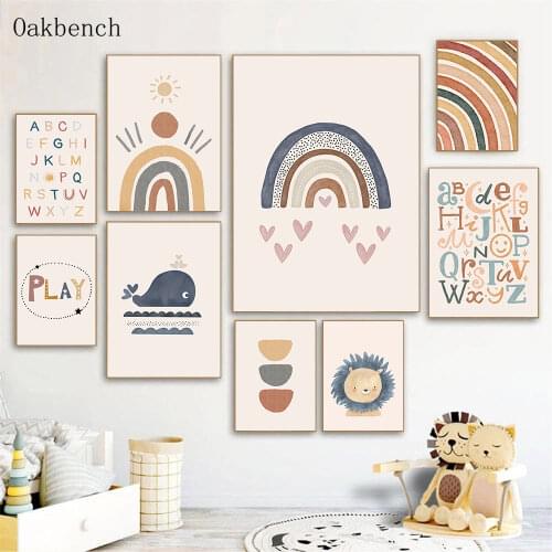 Nursery Canvas Painting Sunshine Rainbow Prints Lion Whale Poster Quotes ABC Print Boho Wall Pictures For Kids Room Decoration