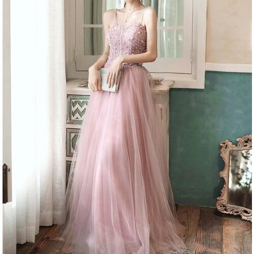 2021 Pink Bridesmaid Dresses Spaghetti Straps Shiny Sequined Applique Beading A-Line Ceremony Wedding Guests Prom Cocktail Gowns