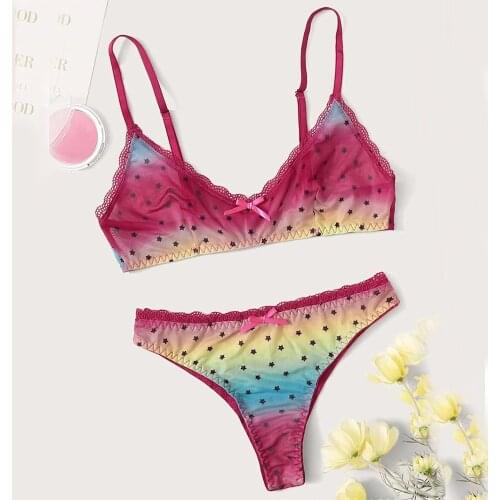 Sexy Lingerie Lace Gradient Color Underwear Women Erotic Costumes Bra and Pants Sensual Lingerie Set