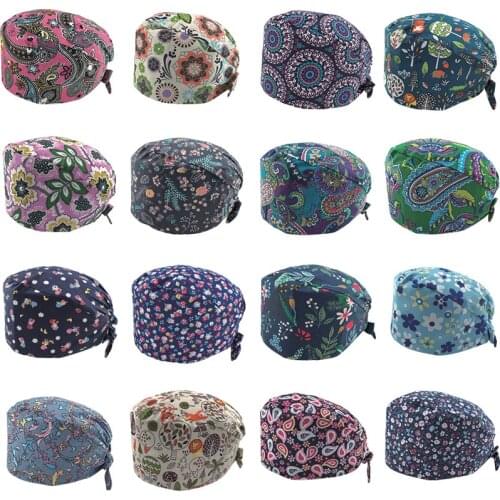 Flowers Womens Print Scrub Cap Working Hat 100% Cotton Tieback Inner Forehead Towel Plastic Beautician Chef Caps