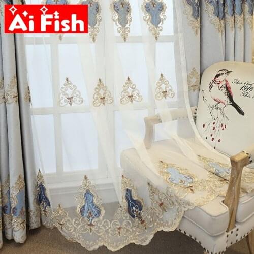 European Luxury Blackout Curtain Chenille Jacquard Curtains For Living Room Blue Embroidery Blind Blackout Curtain Fabric M123#4