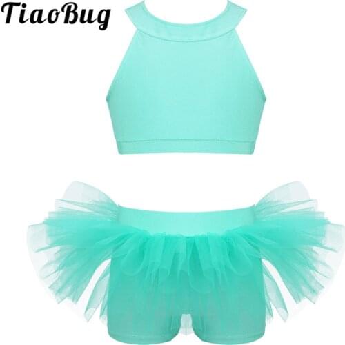 TiaoBug Kids Girls Two-Piece Dance Wear Sleeveless Crop Tops with Tutu Ballet Gymnastics Shorts Set Stage Performance Costume