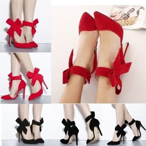 Womens Sexy Pumps Pointed Toe Big Bowknot Thin Heels High Shoes Female Wedding Stilettos Plus Size 302-42VE
