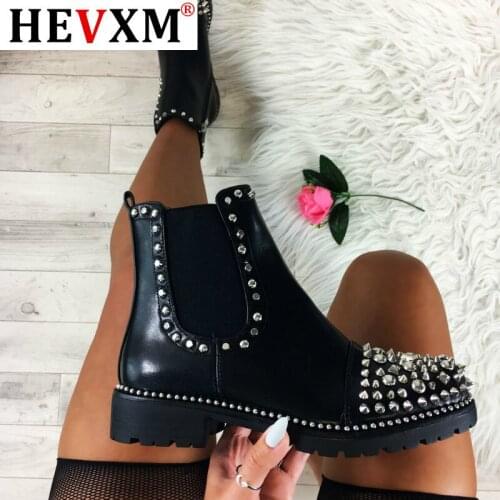 Winter Punk Rivet Boots Women Round Head Toe Leather Booties Studded Thick Low Heels Chelsea Ankle Plush Botas De Mujer