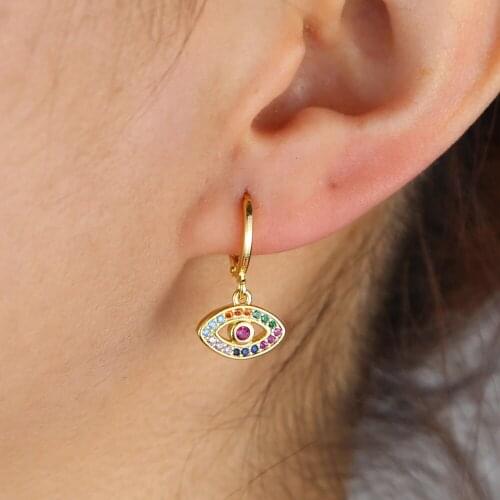Rainbow cz cute evil eye charm earring gold silver color lucky turkish evil eye girl women small tiny earrings