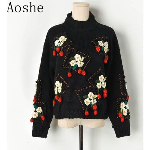 Women Winter Thick Warm Sweater 2020 New Floral Strawberry Crochet High Neck Sweater Loose Black Female Sweater Lazy Knitwear