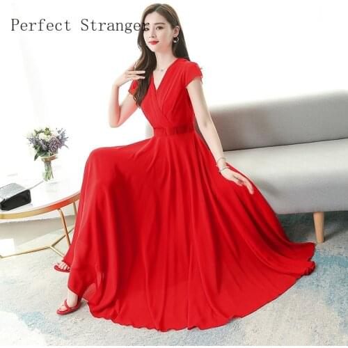 2021 New Arrival High Quality V Collar Short Sleeve Chiffon Women Long Dress