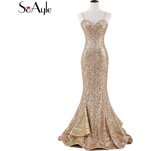 SoAyle Real Picture Mermaid Gold Sequin Evening Dresses Spaghetti Straps Dress for Merriage First Dance Bridemaid Vestidos