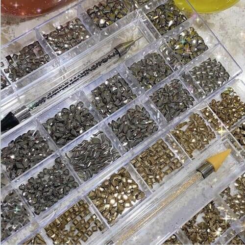 1000pcs/Box 5-12mm Nail Art Rhinestones Mineral Gold/Silver Crystals Nail Designs Rhinestones With Rhinestones Picking Pen Set