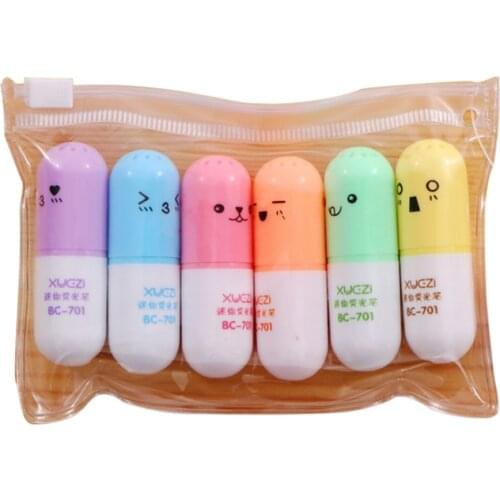6pcs/set Cartoon Mini Highlighters Office Supplies Marker Pen Students Stationery Vitamin Pill Fluorescent Pens for Kids DIY