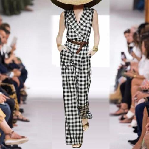 Delocah Women Autumn Fashion Runway Bodysuit Sleeveless Sashes Plaid Printed Elegant Slim Fit Ladies Long Jumpsuit Romper 2021