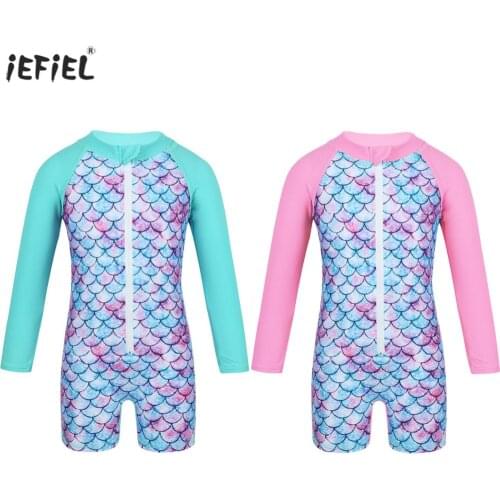 Infant Baby Girls Swimwear Long Sleeve One-Piece Swimsuit Toddler Mermaid Fish Print Rash Guard Sunsuit Kids Bathing Beachwear