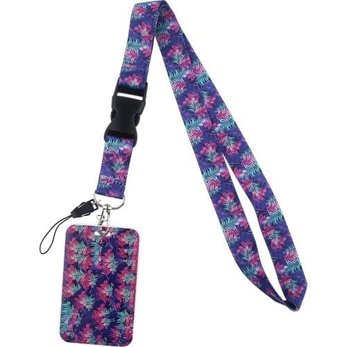 ER515 Painting Art Purple Leaf Buckle Lanyard ID Holder Car KeyChain ID Card Pass Gym Mobile Phone Badge Key Ring Holder Jewelry