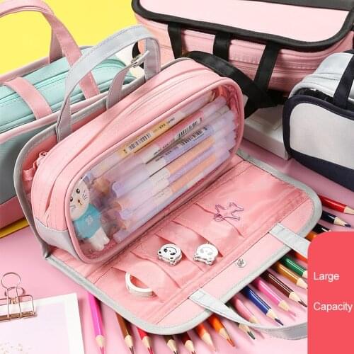 INS Multi-function Transparent large-capacity pencil Bag For Girls Multi-layer portable Zipper School Pencil Case Pouch Bag