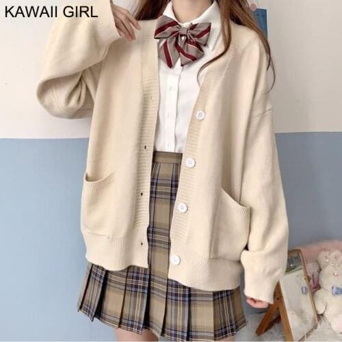 Japan Kawaii Girl Knitted Cardigan Female Spring Autumn V-Neck Cotton Jk Uniforms Sweater 6 Colors Student Girls Cardigans Coat