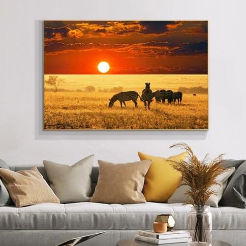Afrian Zebra Sunset Oil Painting on Canvas Scandinavian Posters and Prints Cuadros Wall Art Pictures For Living Room