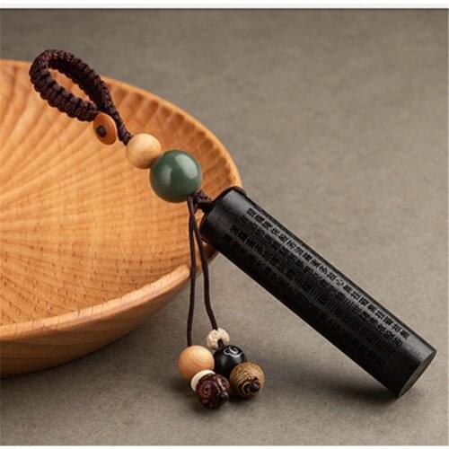 Chinese Traditional Wood Products Seal Ebony Wood Square Column Buddhist Scriptures Car Key Ring Pendant Keychain Trinket