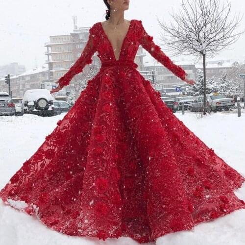 Plus Size Red Lace Ball Gown Celebrity Dresses Formal Long Sleeve V-Neck Sexy Evening Red Carpet Dresses With 3D Appliques