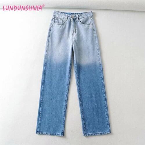 LUNDUNSHIJIA Graduated Color Blue Denim Trousers Wide Leg Pants Women Fashion Straight High Waist Long Pants 2021 Autumn Spring