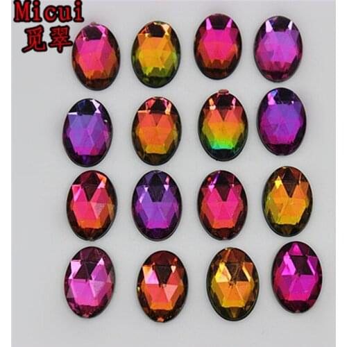 Micui 100pcs 10*14mm Crystal Rainbow Color Acrylic Flat Back Rhinestones Oval Acrylic Rhinestone No Hole ZZ163