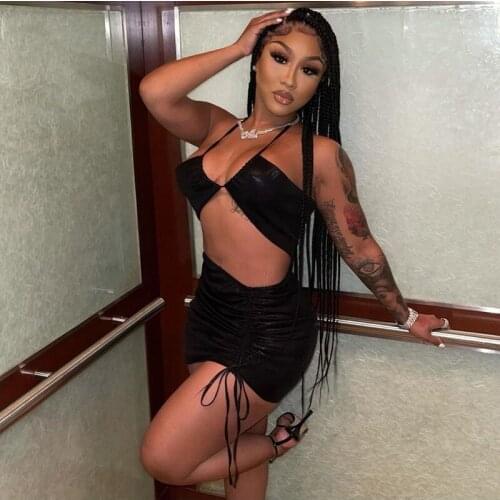 Fashion Women Halter Crop Top+Skinny Short Dress Solid Color Party Club Streetwear 2 Piece Set Breathable Clothing Summer 2021