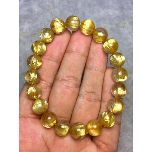 Genuine Natural Gold Rutilated Titanium Quartz Brazil Bracelet For Women Men Crystal Stretch 10mm Round Bead Certificate AAAAA