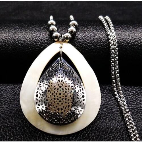 Fashion Shell Stainless Steel Chain Necklace Women Silver Color Water Drop Long Necklace Jewelry colar longo N18003S05