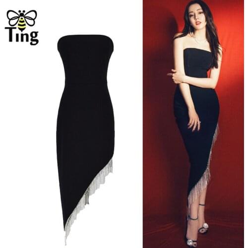 Tingfly Crystal Tassel Black Glitter Dress Women Strapless Sexy Party Club Dresses Slanted Celebrity Summer Seksi Elbise Zevity