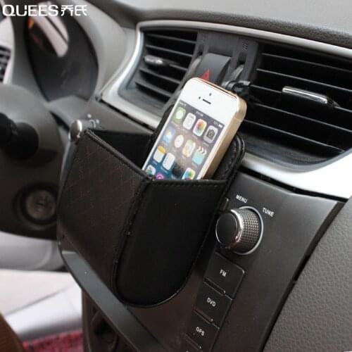 QUEES Car Air Conditioning Outlet Pocket Lambskin Solid Color Car Sundries Bag Mobile Phone Coin Storage Bag Car Accessories