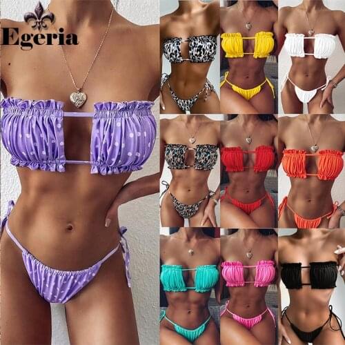 Sexy Bikini 2021 Pleated Bandeau Swimsuit Female Swimwear Women Mini Thong Bikini Set Bather Swimming Beachwear for Bathing Suit