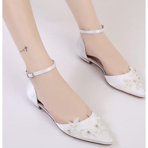 Marhermaso Bridal White Embroider Wedding Shoes Falst Ankle Strap Christmas Party Pointed Toe Shoes