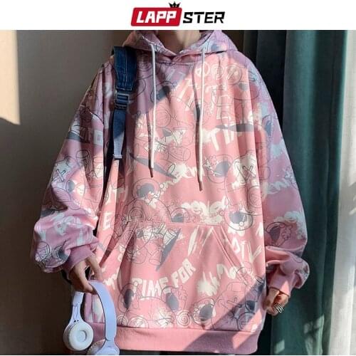 LAPPSTER Men Harajuku Graffiti Letter Hooded Hoodies 2021 Mens Japanese Streetwear Oversized Hoodies Male Vintage Sweatshirts