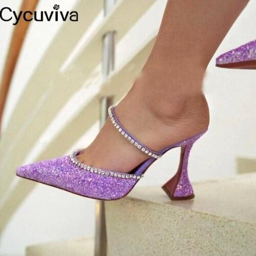 Sexy High Heel Crystal Women Slippers Ladies Dress Shoes Point Toe Designer Slides Runway Summer Gladiator Sandals 2021